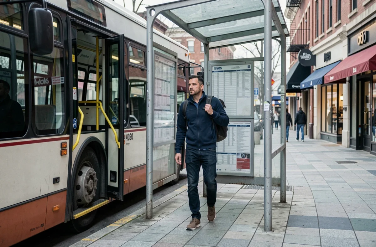 Passager descendant d'un bus urbain devant un arrêt avec horaires affichés près d'un commerce de service
