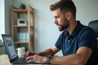 Homme en train de remplir un formulaire d'activation de carte de visite Loxam sur un ordinateur portable