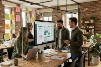 Équipe d'une agence de création de sites internet en Seine-Maritime travaillant sur des maquettes web dans un bureau moderne