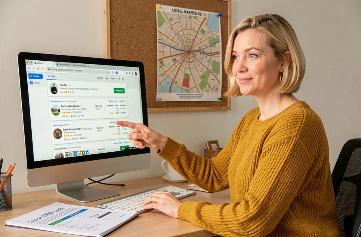 Spécialiste SEO local de l'Agence GEO France à Nantes analysant des résultats de référencement local sur Google Maps avec un rapport d'audit imprimé