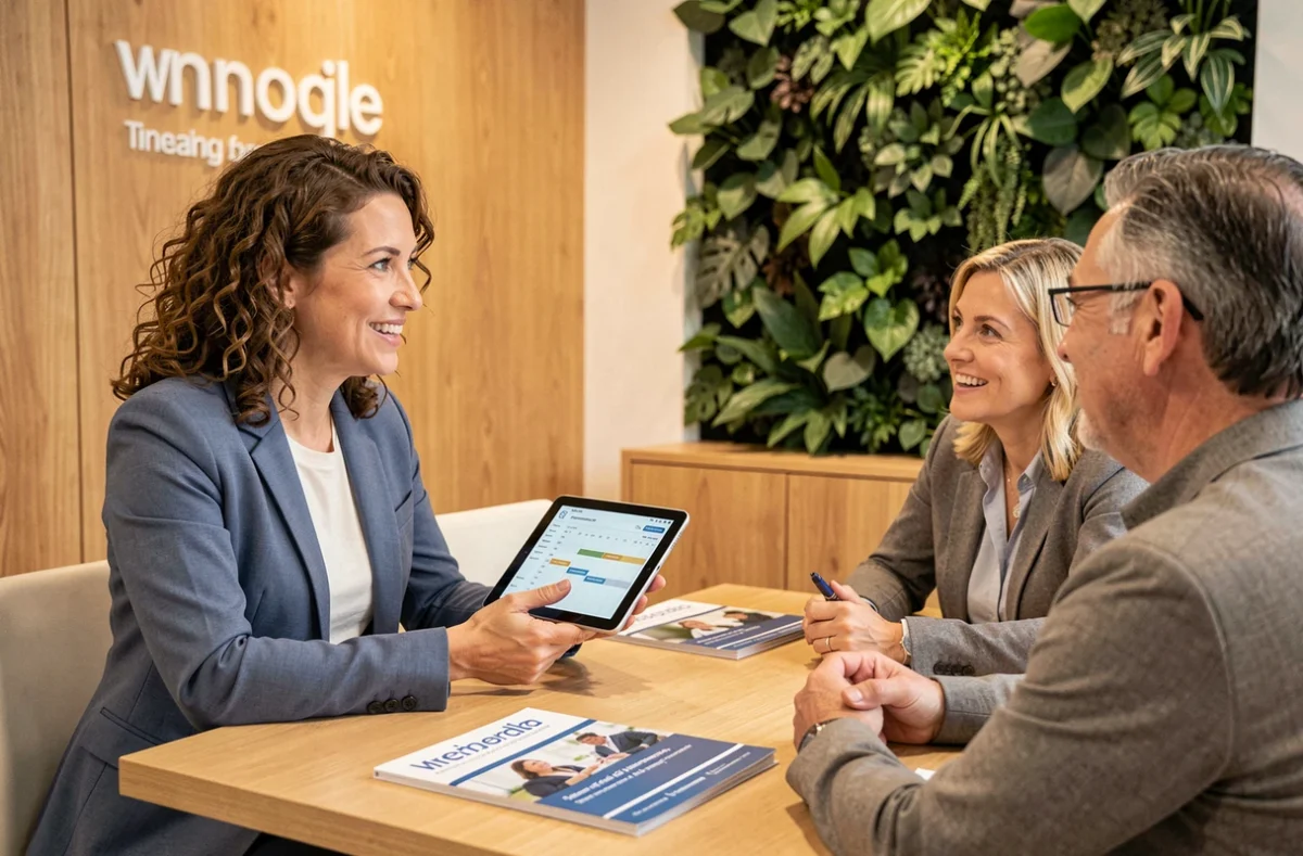 Chef de projet de l'agence THRIVE présentant un calendrier de projet web à des clients lors d'une consultation dans un espace d'accueil moderne