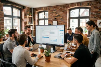 Équipe d'une agence web dans un bureau moderne en Alsace, travaillant sur des projets digitaux
