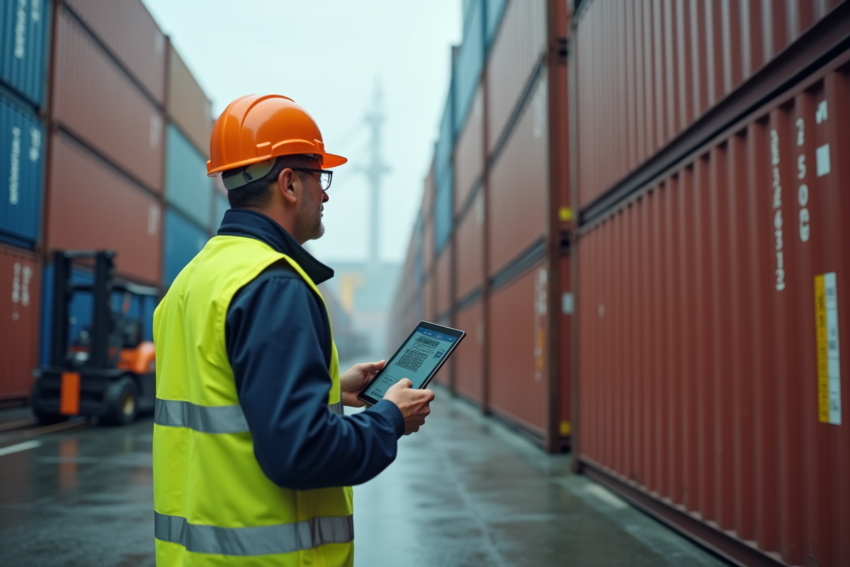 Agent logistique observant des containers au terminal