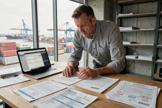 Agent logistique examinant des documents de transport DDP avec des formulaires douaniers pour des exportations vers les États-Unis