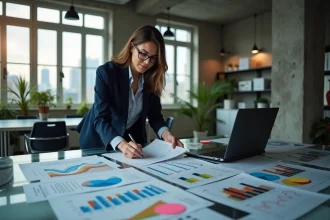 Professionnelle analysant des indicateurs économiques territoriaux sur des documents imprimés et un écran d'ordinateur dans un bureau moderne