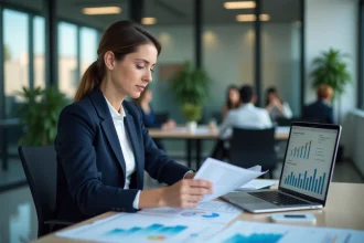 Femme professionnelle analysant un tableau de bord ROI sur ordinateur portable dans un bureau moderne d'entreprise