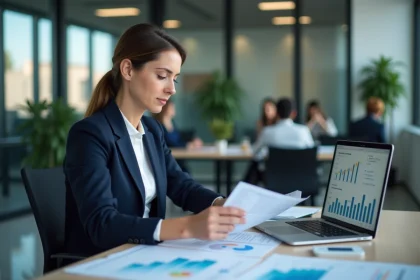 Femme professionnelle analysant un tableau de bord ROI sur ordinateur portable dans un bureau moderne d'entreprise