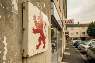 Gros plan sur l'ancien logo Intermarché avec lion rouge sur une enseigne métallique patinée de supermarché français des années 1990