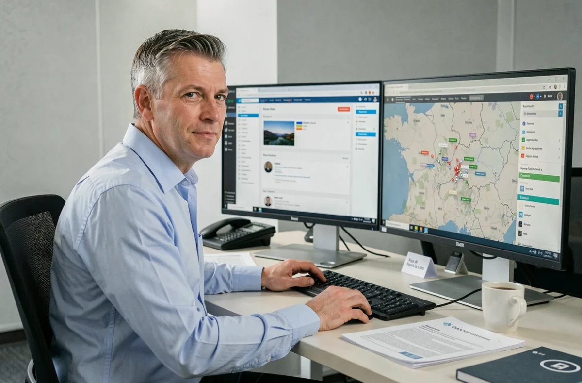 Consultant informatique d'APS Solutions Informatiques dans les Pays de la Loire travaillant sur un système de gestion de contenu avec une carte régionale affichée à l'écran
