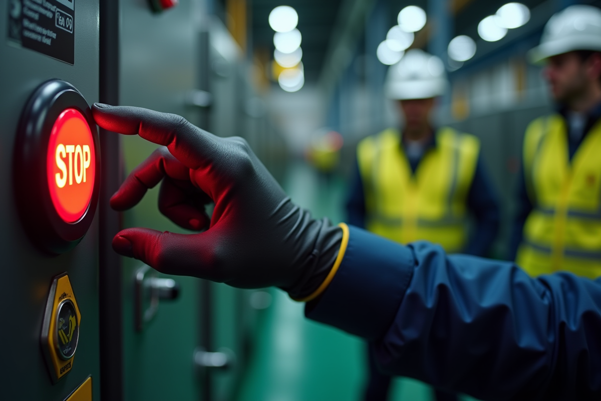 Main gantée appuyant sur un bouton d arret d urgence en usine