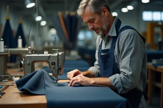 Artisan couture en atelier fabriquant des parapluies haut de gamme