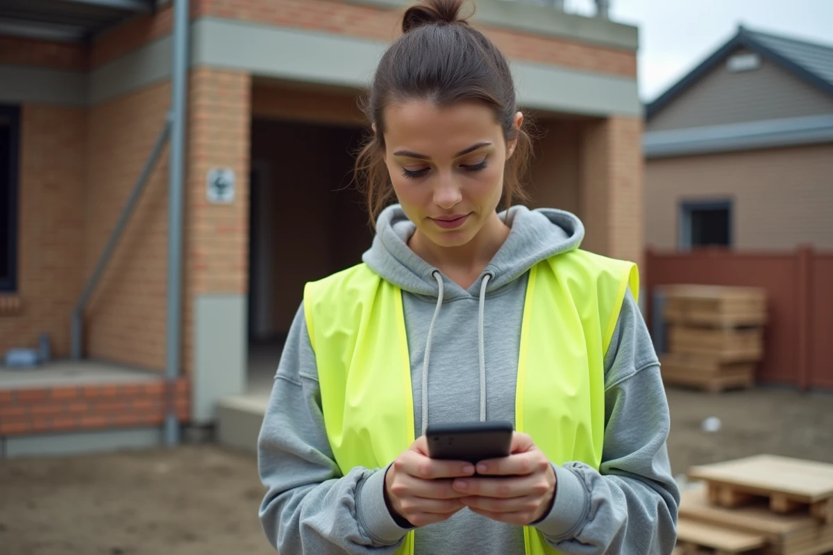 Artisane du bâtiment consultant un devis numérique sur smartphone sur un chantier de construction