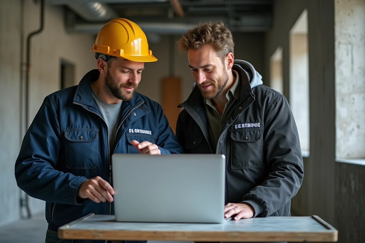 Deux artisans du bâtiment consultant un logiciel de gestion de chantier sur ordinateur portable dans un espace en construction