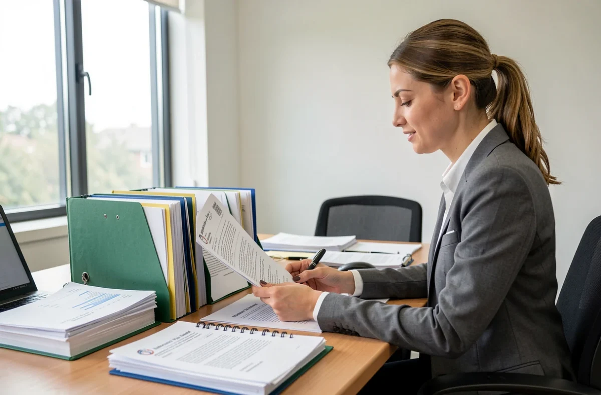 Auditeur interne vérifiant des dossiers de preuves dans un bureau