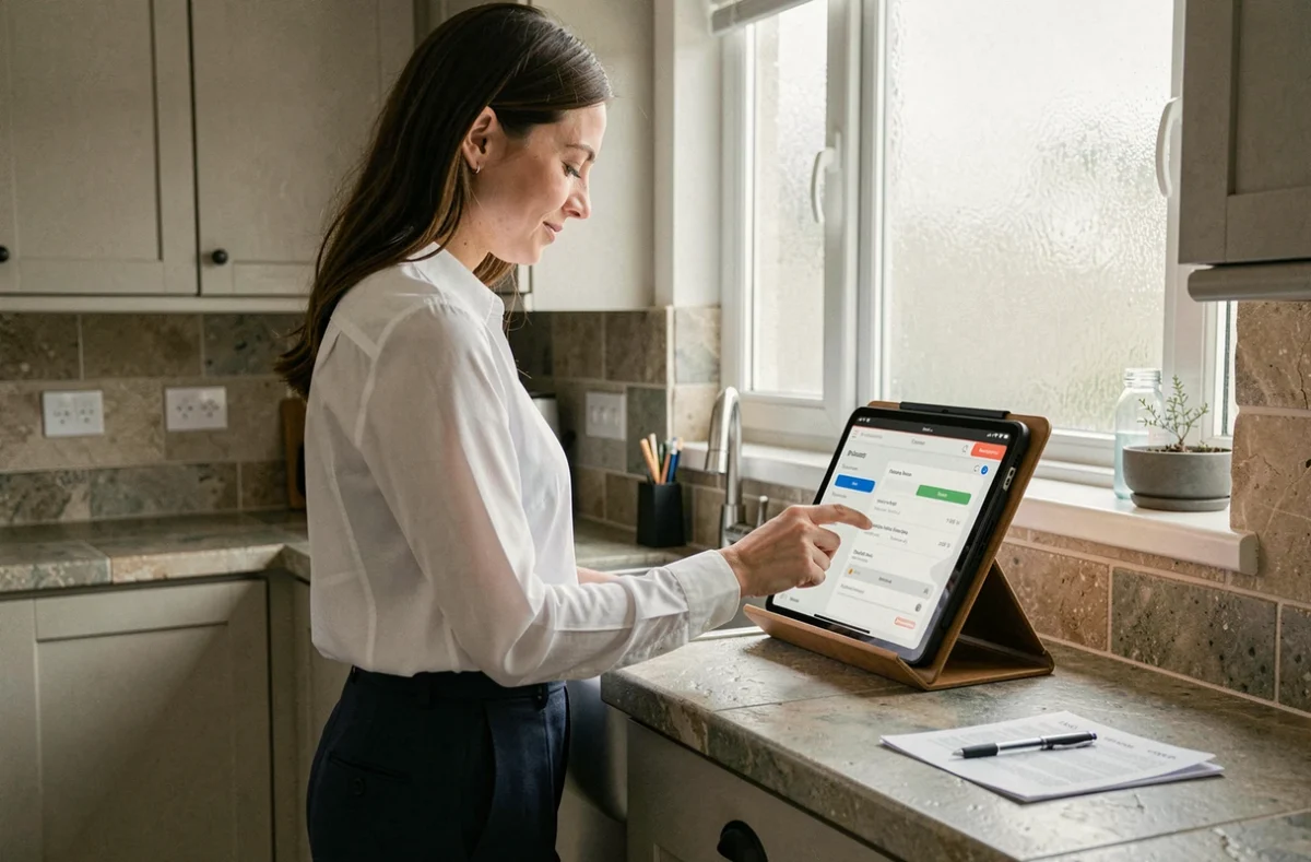 Femme auto-entrepreneur gérant ses déclarations Urssaf sur tablette depuis son domicile
