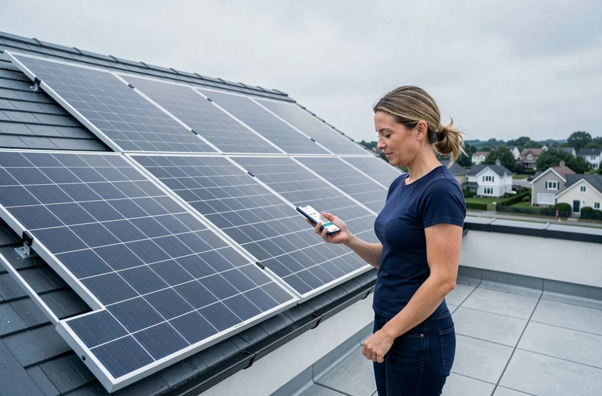 Femme debout sur une terrasse en train de consulter les statistiques de production solaire sur son smartphone avec des panneaux photovoltaïques en arrière-plan