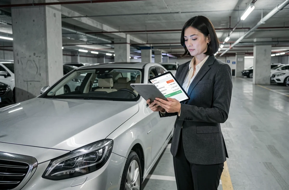 Dirigeante d'entreprise debout près d'un véhicule de société dans un parking, illustrant l'avantage en nature voiture pour les dirigeants en 2026