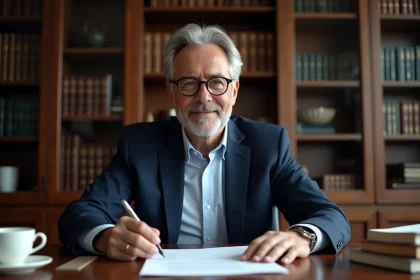 Avocat en costume lisant un contrat juridique dans son bureau