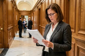 Avocate consultant des documents juridiques dans un couloir de palais de justice en bois sculpté