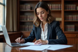 Avocate en droit des affaires assise à son bureau dans un cabinet juridique haut de gamme, consultant des dossiers professionnels