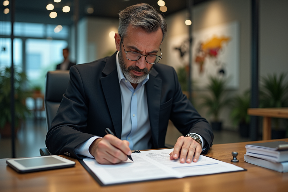 Banquier vérifiant et estampant des documents d