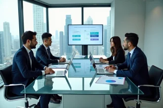 Professionnels d'un Big 4 réunis autour d'une table de conférence pour une session de conseil en stratégie dans un bureau moderne