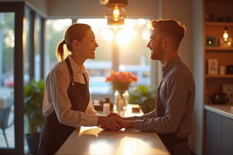 Commerce moderne avec un commerçant souriant et client satisfait