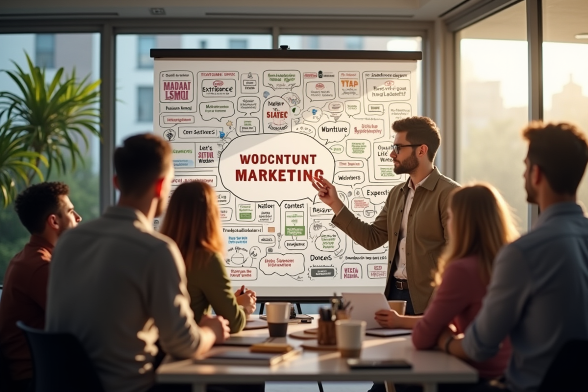 Groupe créatif en brainstorming avec tableau blanc marketing
