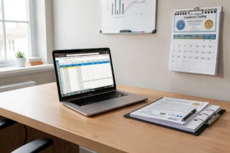 Bureau avec tableur de suivi de conformité et classeur de certificats