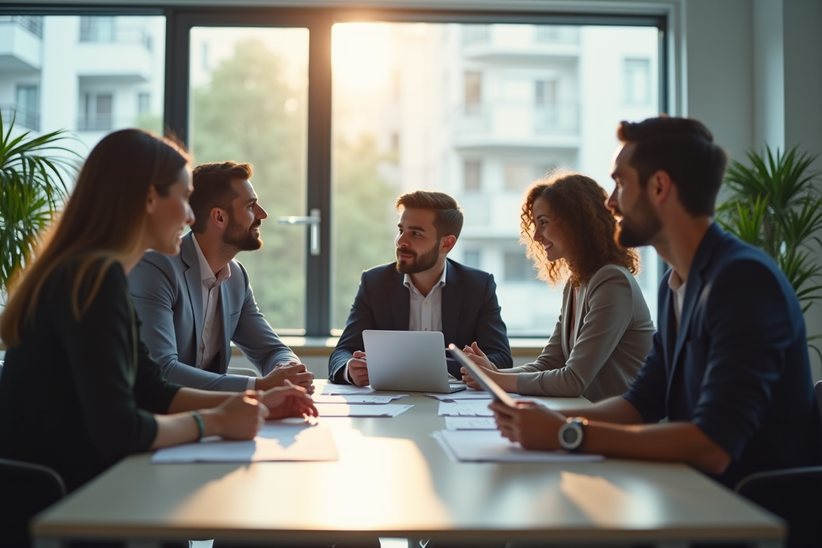 Espace de bureau moderne avec équipe en discussion