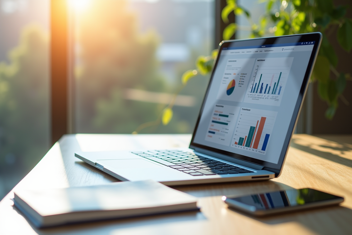 Bureau moderne avec ordinateur affichant des analyses marketing