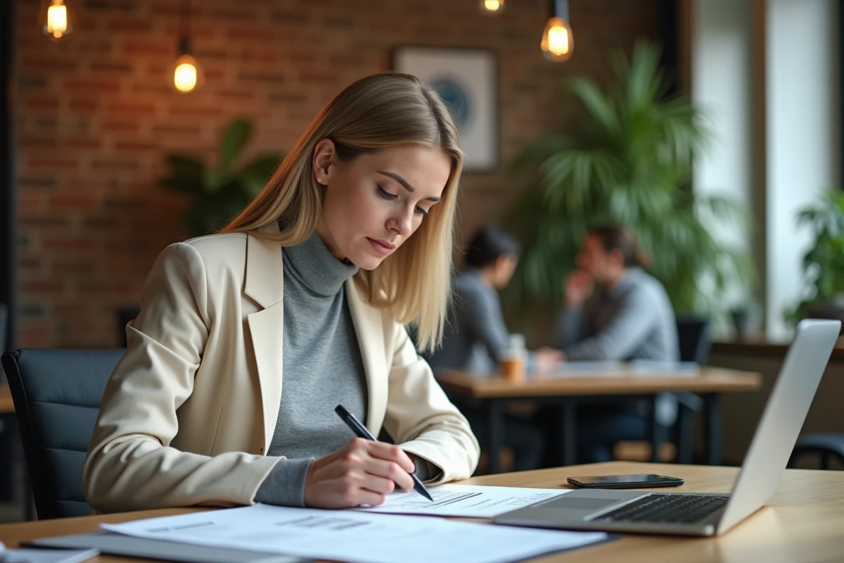 Femme cadre senior valorisant son parcours de manager en consultant ses documents de carrière dans un espace de coworking contemporain