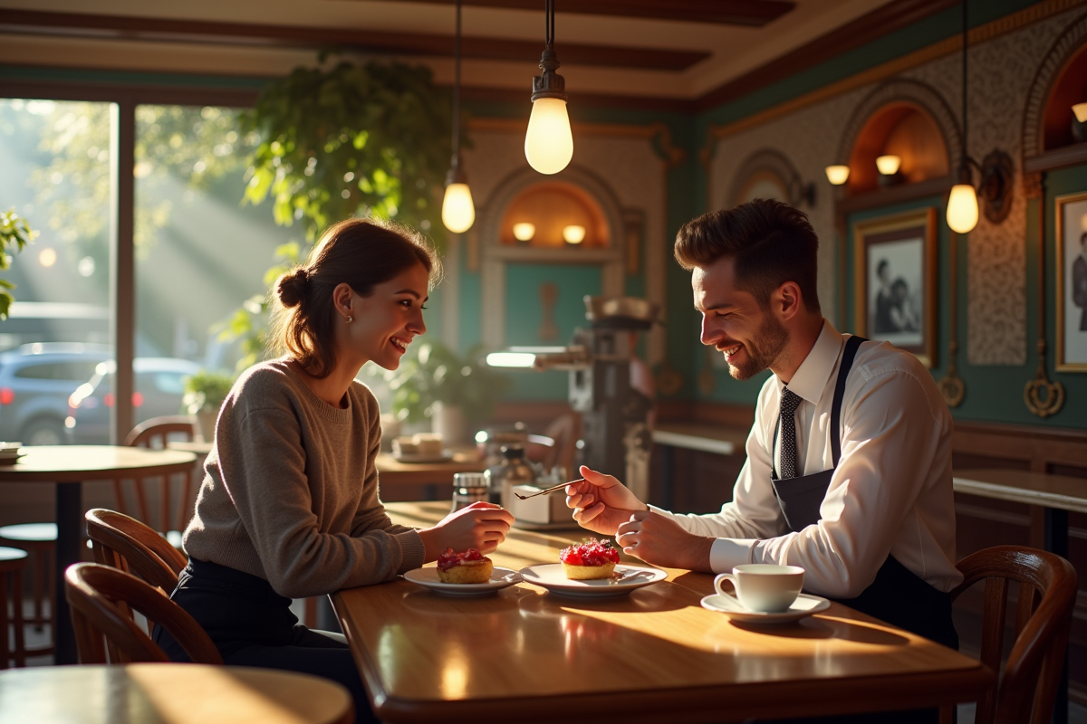Intérieur de café vintage avec client et serveur convivial