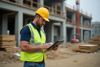 Chef de chantier consultant un logiciel de gestion de chantier sur tablette avec structure en béton en arrière-plan