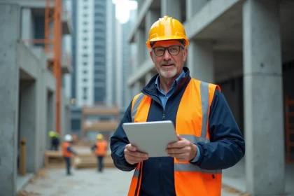 Manager de construction avec tablette sur site