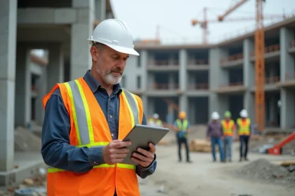 Chef de chantier en vestiaire haute visibilit&eacute; sur un site