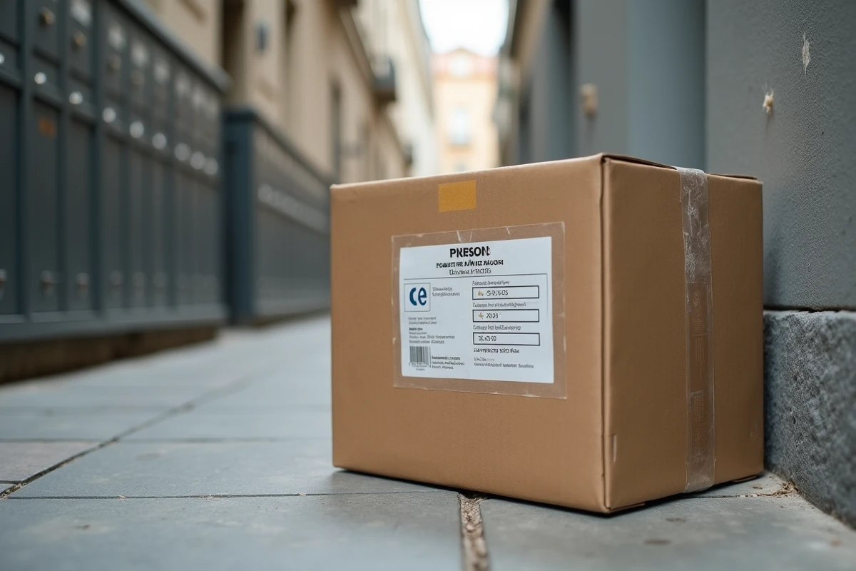 Colis non livré avec avis de passage déposé devant la porte d'un appartement en France