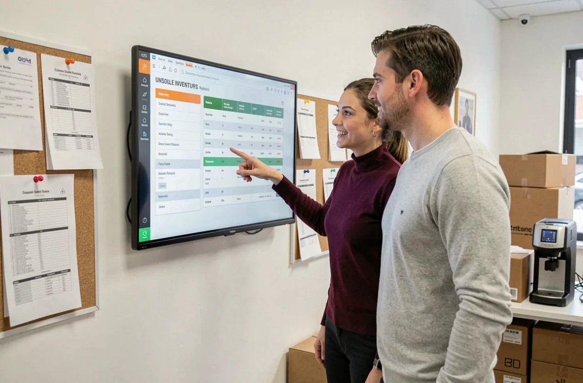 Deux collaborateurs analysant des rapports d'invendus et fins de séries sur un écran interactif dans un bureau opérationnel de commerce de détail