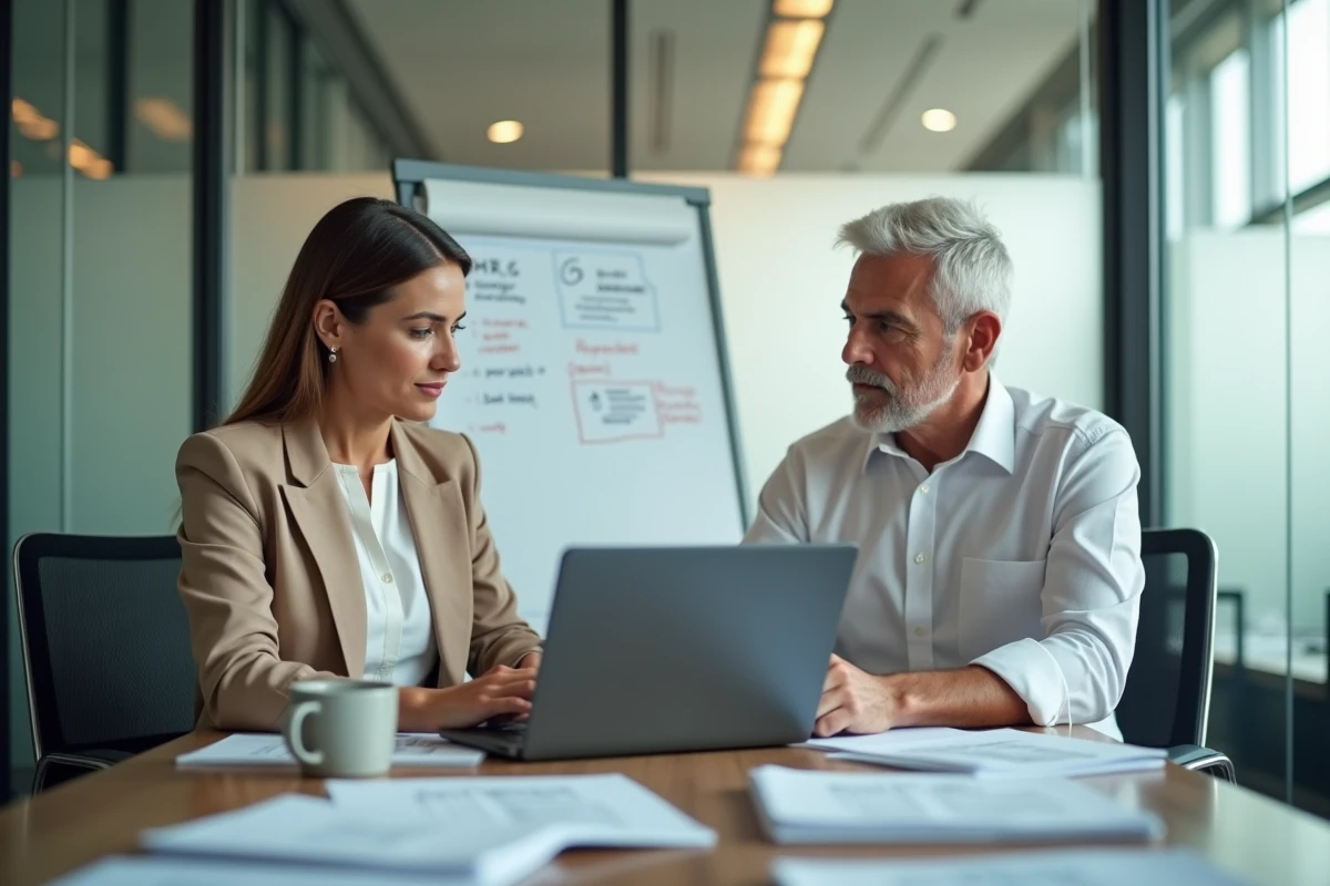 Deux professionnels RH collaborant sur une plateforme de gestion de documents numériques et coffre-fort salarié en salle de réunion