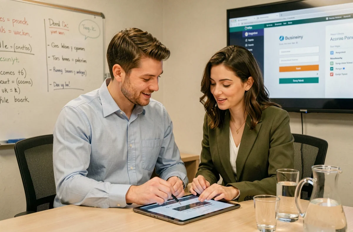 Deux collègues collaborant sur une plateforme de gestion d'accès entreprise autour d'une tablette en salle de réunion