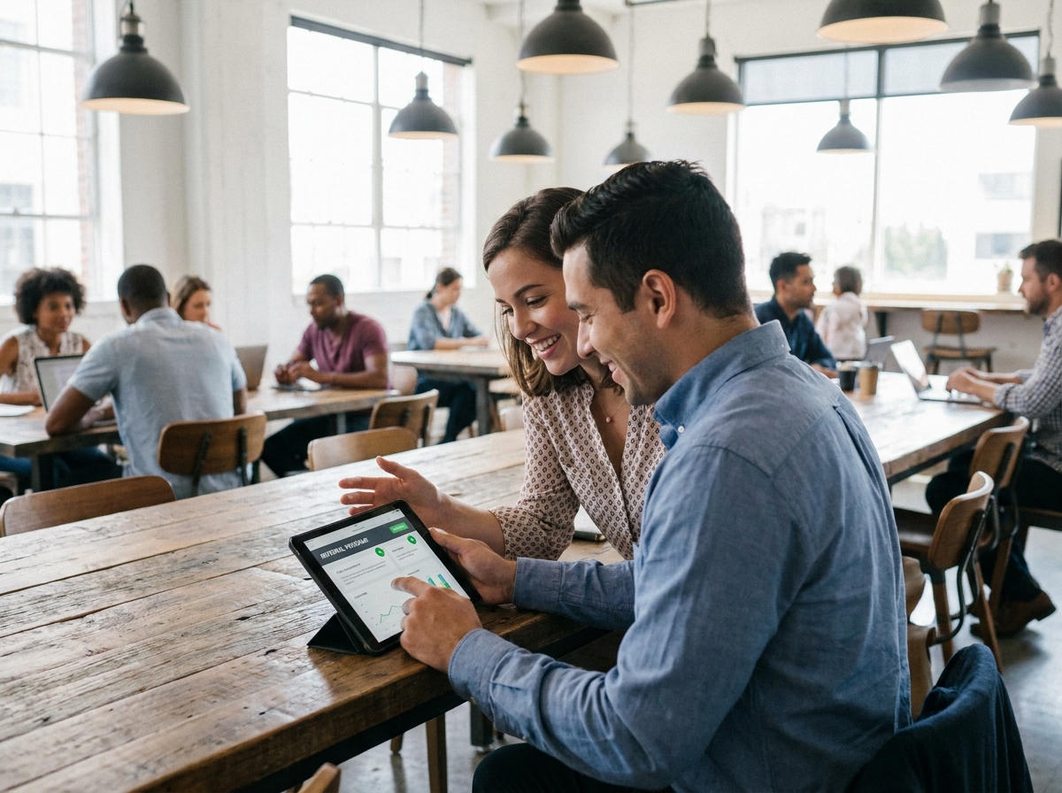 Deux collègues consultant une interface de parrainage client sur tablette dans un espace de coworking, symbolisant la collaboration autour d'un programme de recommandation automatisé