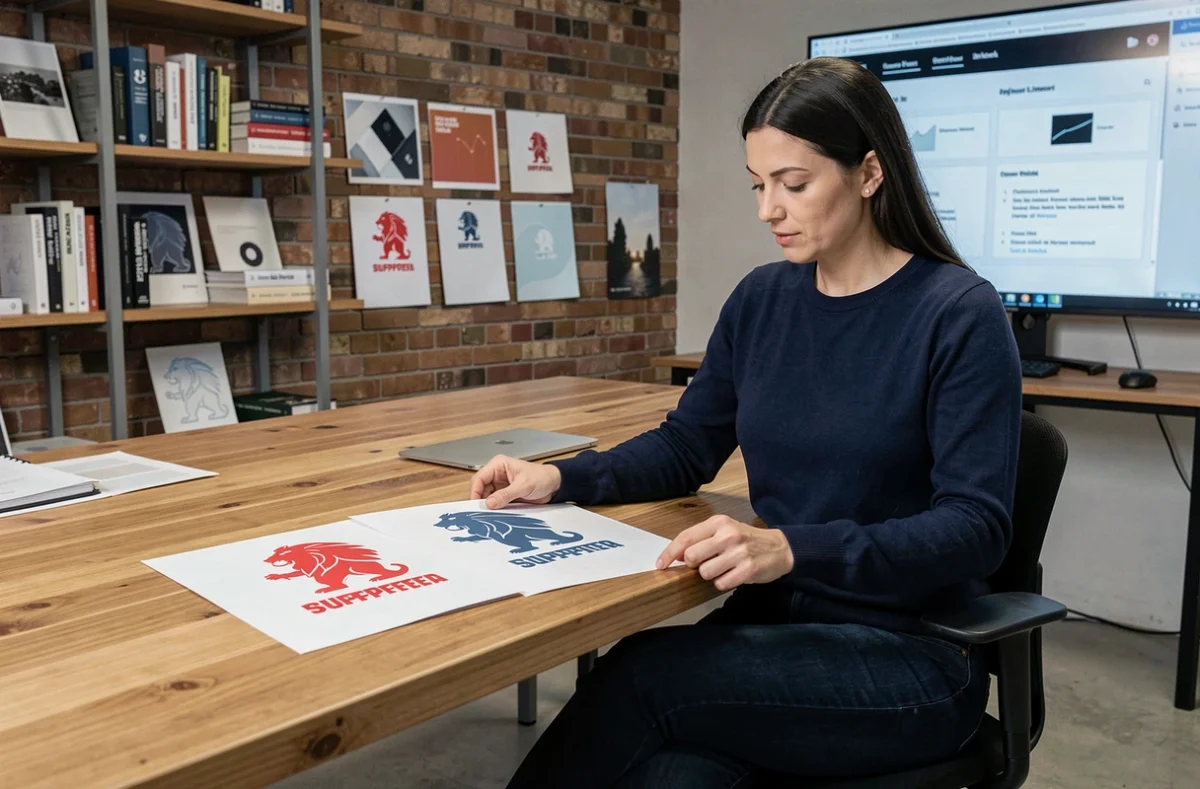 Designer graphique comparant l'ancien et le nouveau logo Intermarché sur des fiches imprimées dans un studio de design moderne
