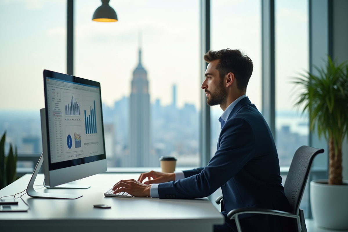 Comptable analysant des graphiques financiers dans un bureau lumineux
