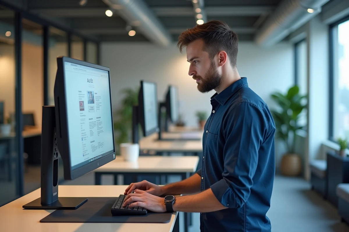 Homme se connectant à son compte sur une application web depuis un bureau en open space moderne
