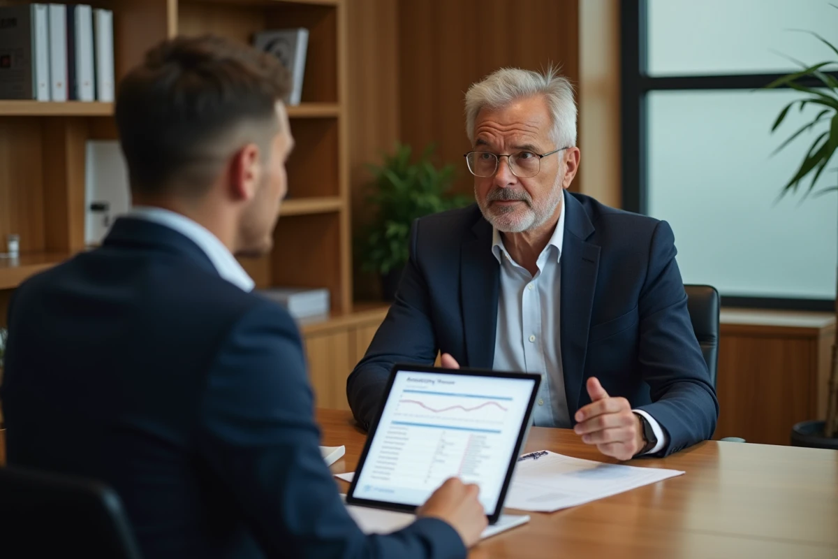 Consultant senior homme en costume marine partageant son expertise managériale avec un jeune professionnel dans un bureau feutré et élégant