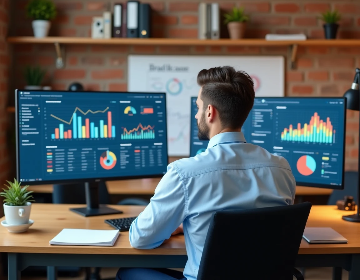Analyste consultant des tableaux de bord KPI sur deux écrans dans un espace de travail moderne style startup