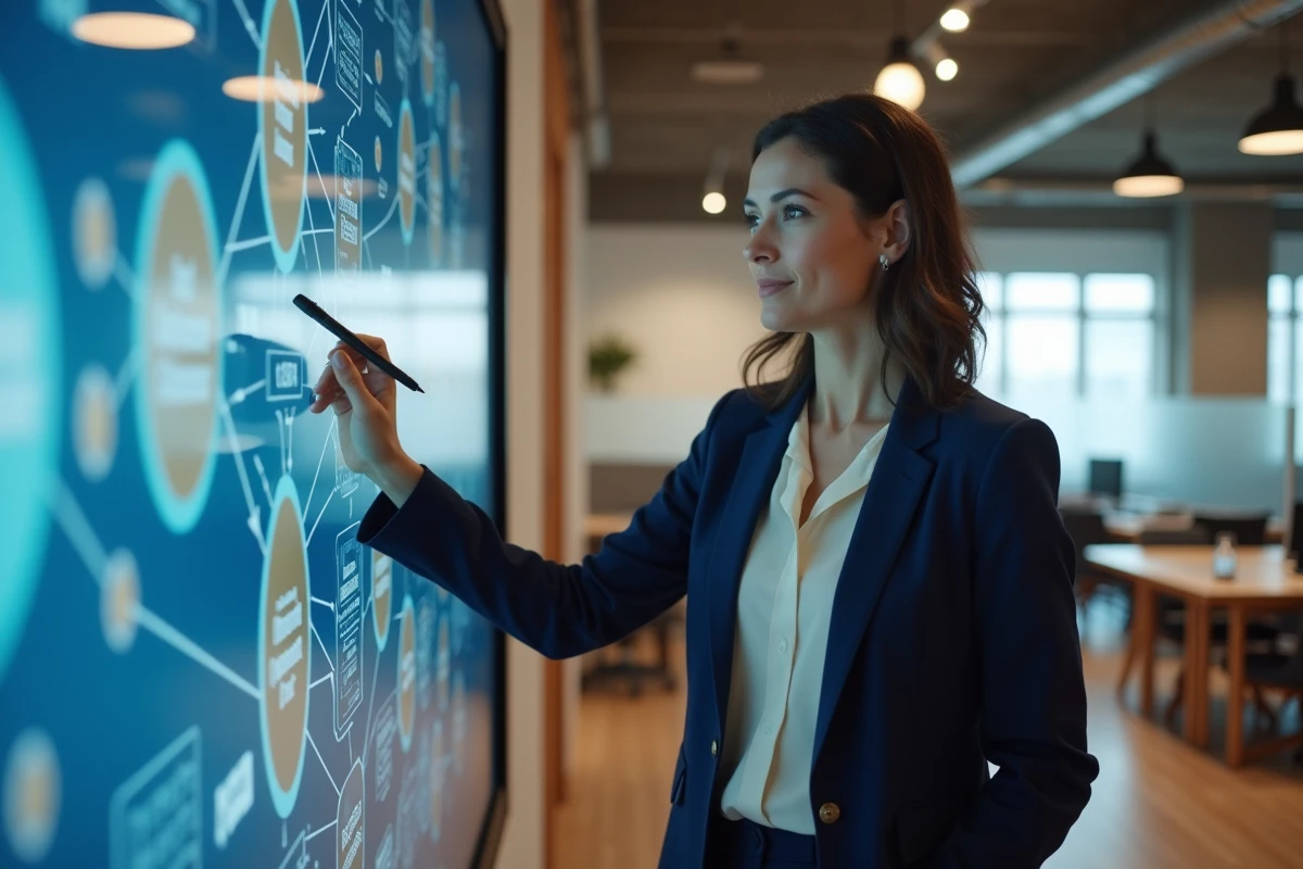 Consultante présentant un réseau de partenariats professionnels sur un écran digital dans un espace de coworking moderne