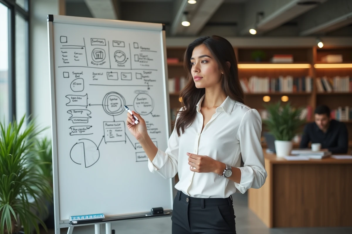 Consultante en stratégie présentant un cadre analytique sur un tableau blanc dans un espace de travail de cabinet de conseil