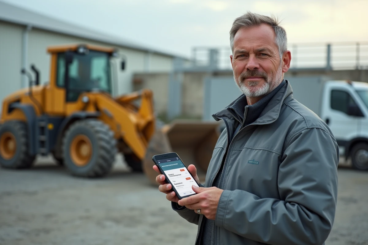 Professionnel du BTP consultant sa carte de fidélité Loxam sur smartphone sur un chantier de construction