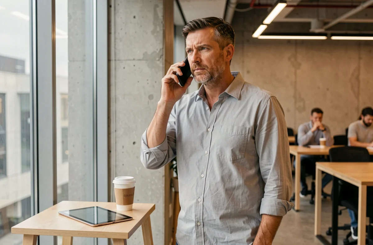 Chef d'entreprise contactant un conseiller dédié Orange Pro depuis un espace de coworking moderne